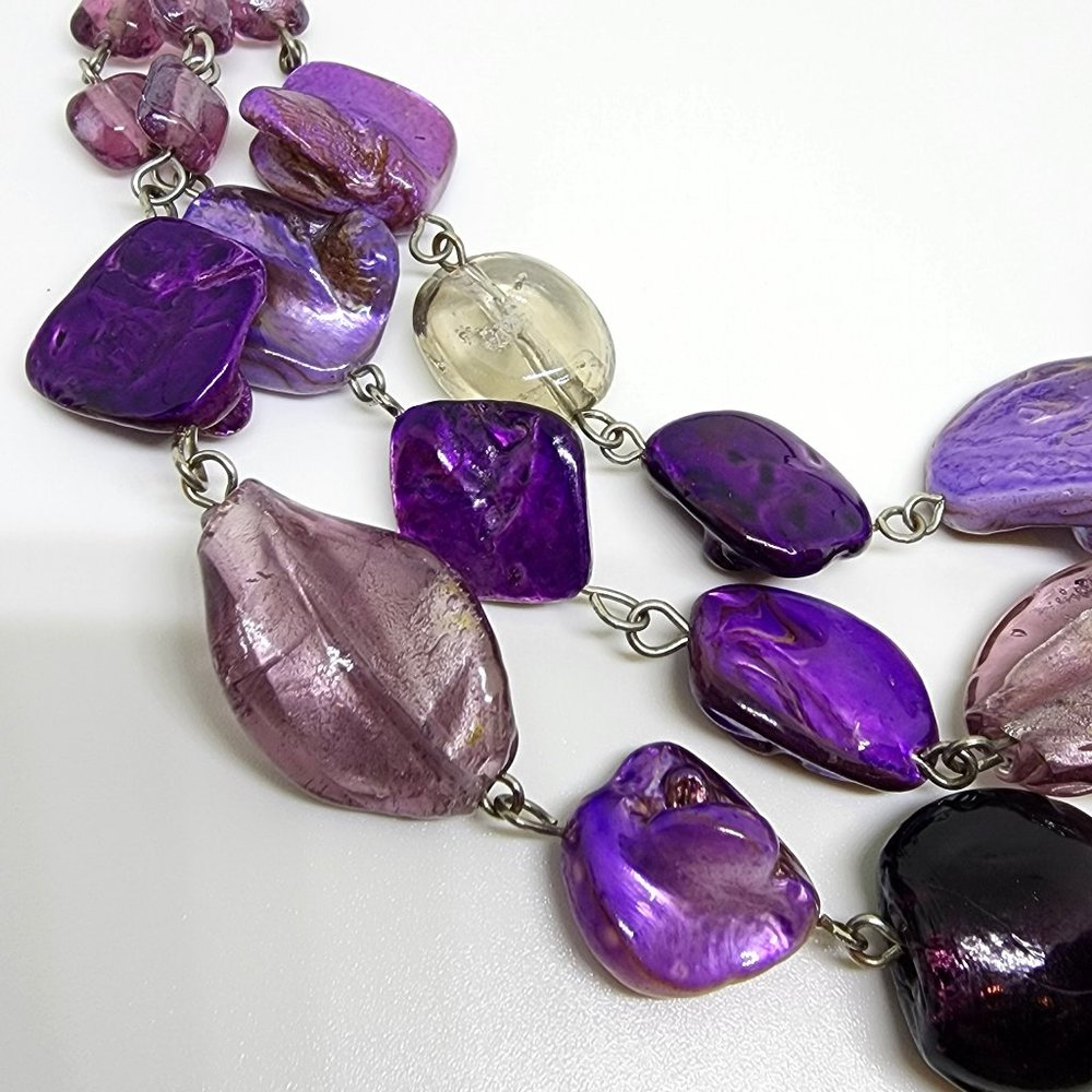 Purple Glass and Abalone Mother-of-Pearl Triple Strand Leather Chain Necklace - Picture 10 of 14